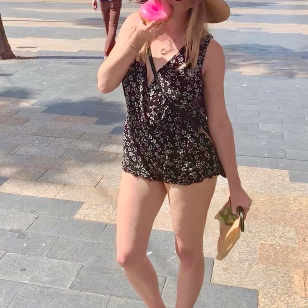 Floral Black Sleeveless Romper / Beach Coverup